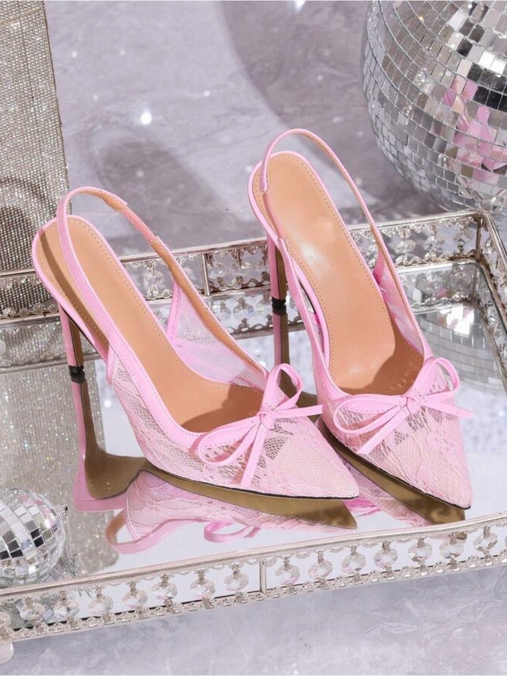 Pink Lace Slingback Pointed-Toe Heels with Bow Accent